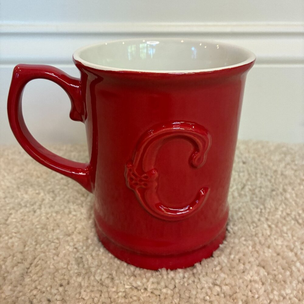 NWOT Red Christmas Mug Cup with Letter "C" Engraved on Side & Snow White Inside